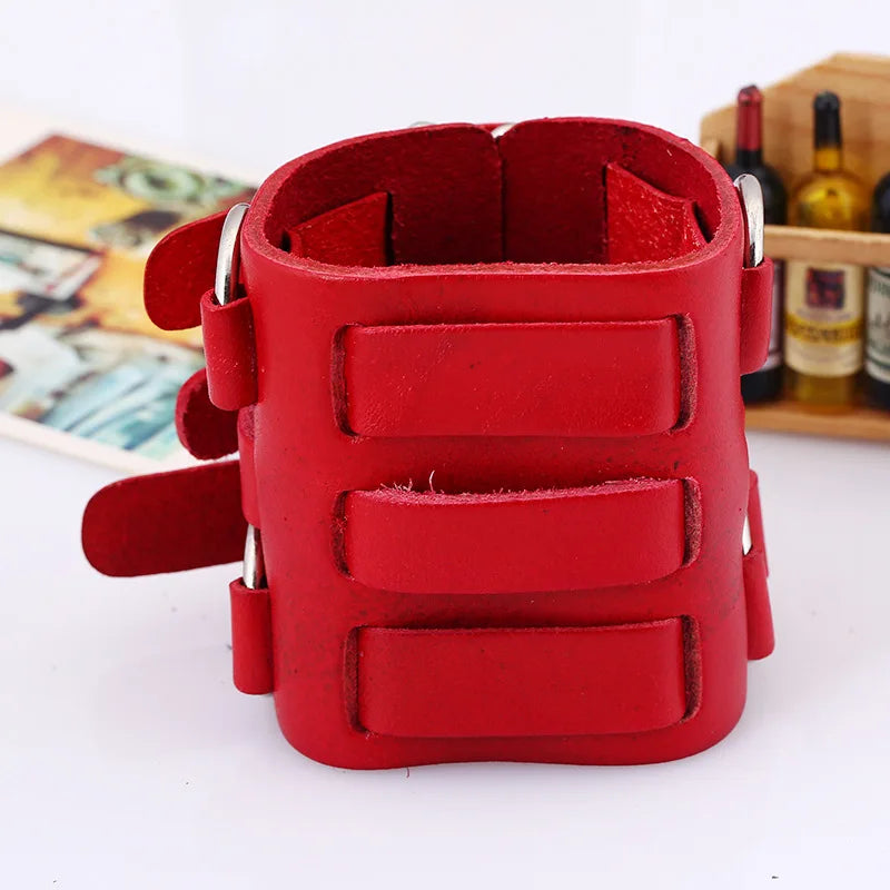 Men Biker Bracelet Wide Leather Wristband Alloy Red Cow Leather Jewelry