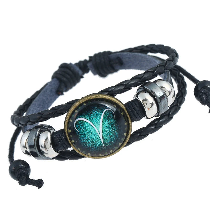 Men 12 Zodiac Sign Bracelet Gemini Sagittarius Leather Charms Bangle