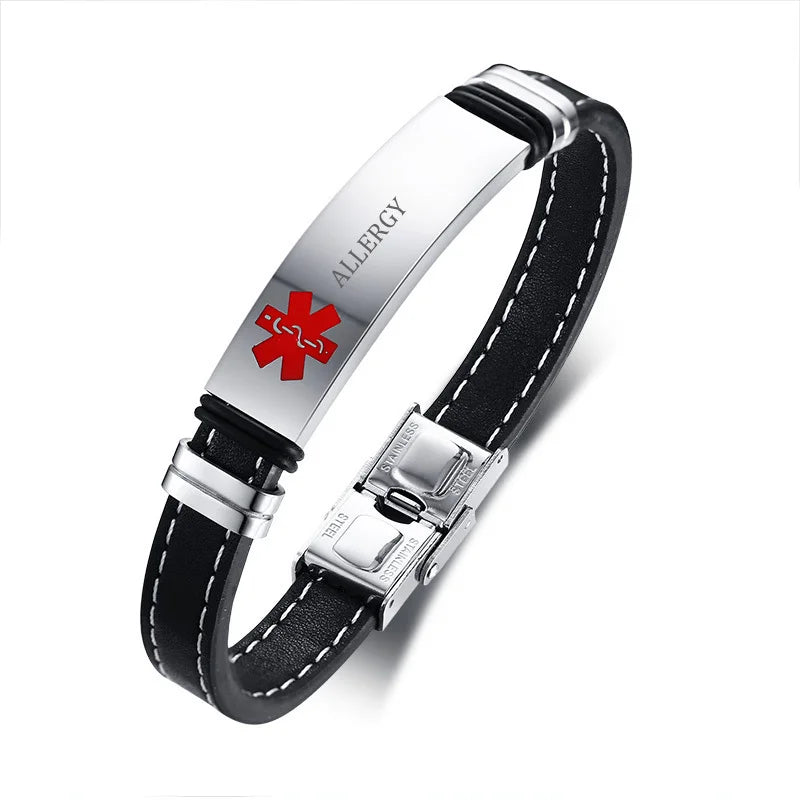 Men Leather Medical Alert Bracelet with Disease engraving