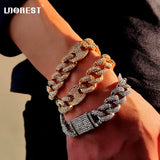 Men Bling Cuban Link Chain Bracelet 14mm Rhinestones Pig Nose Chain Bracelet
