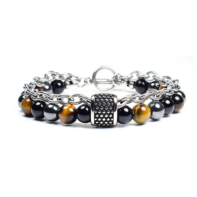 Men Bracelet Natural Bead Stone Stretch Magnet Tiger Eye Mixed Beads Chain