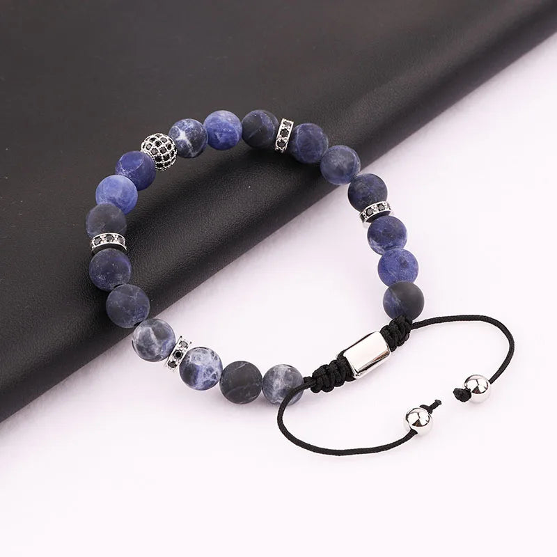 Men Bracelet Natural Stone CZ Pave Ball Macrame Bracelet Gift