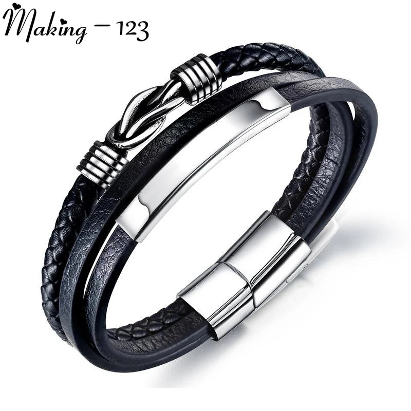 Men Bracelet Stainless Steel Leather Bracelet Engraving Name DIY