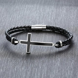 Men Sideways Cross Charm Braided Leather Bracelet