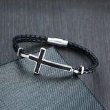 Men Sideways Cross Charm Braided Leather Bracelet