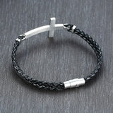Men Sideways Cross Charm Braided Leather Bracelet