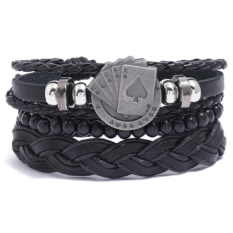 Men Charms Bracelet Set Knitted Leather Playing Cards Wristband