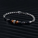 Men's Cuban Chain Bracelets with Agate Tiger Eye Bead, Stainless Steel