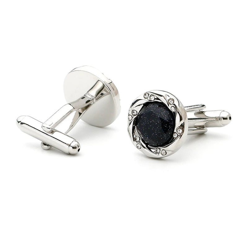 Sandstone and Rhinestone Square Silver Cufflinks