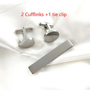 Stainless Steel Round Cufflinks & Tie Clip Set for Men