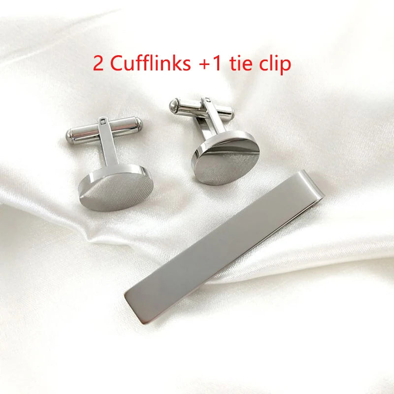 Stainless Steel Round Cufflinks & Tie Clip Set for Men