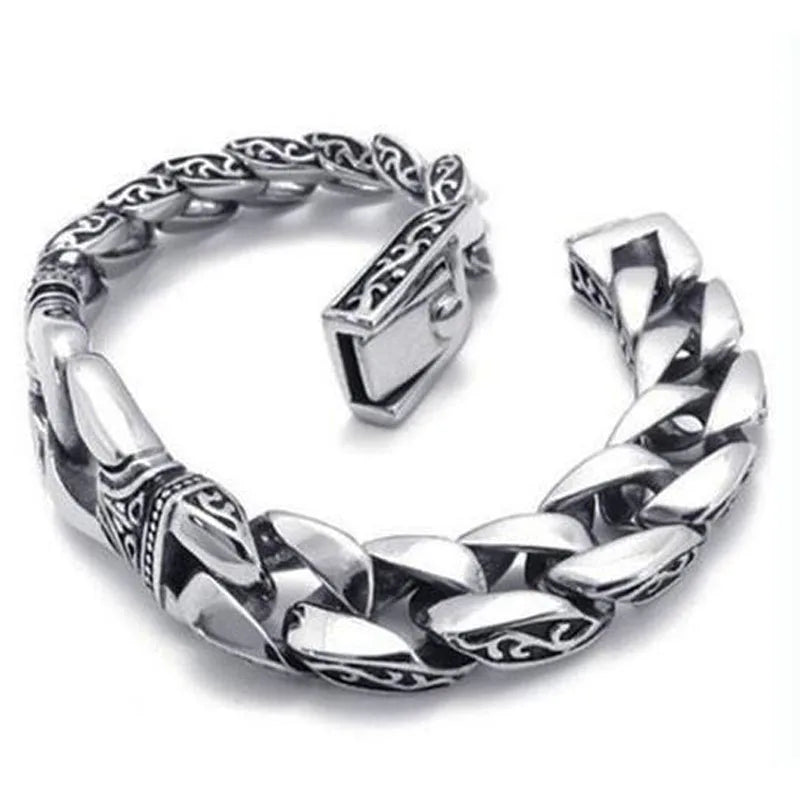Men Embossed Chains Stainless Steel Bracelet Biker Wristband