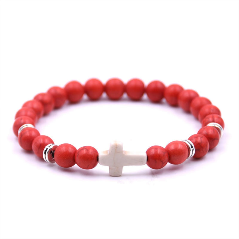 Men's Cross Charm Beads Bracelet Red/White/Blue/Grey