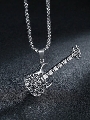 Men Guitar Charm Necklace Stainless Steel Flame Guitar Necklace