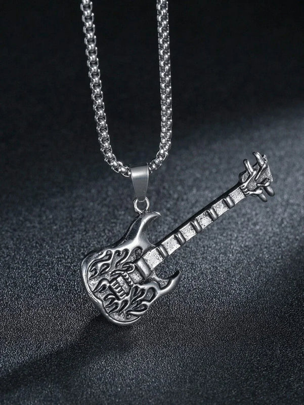 Men Guitar Charm Necklace Stainless Steel Flame Guitar Necklace