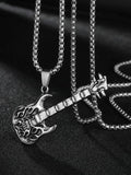 Men Guitar Charm Necklace Stainless Steel Flame Guitar Necklace