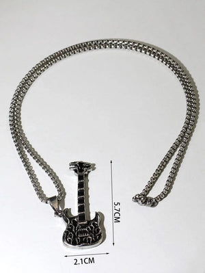 Men Guitar Charm Necklace Stainless Steel Flame Guitar Necklace
