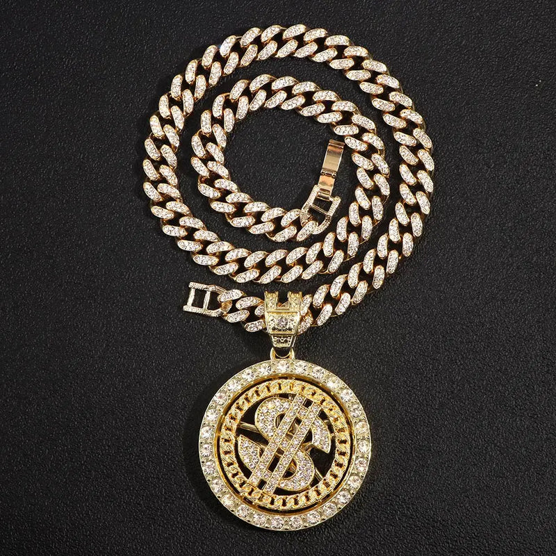 Bling Crystal Dollar Pendant Necklace 56CM Cuban Chain Punk Jewelry