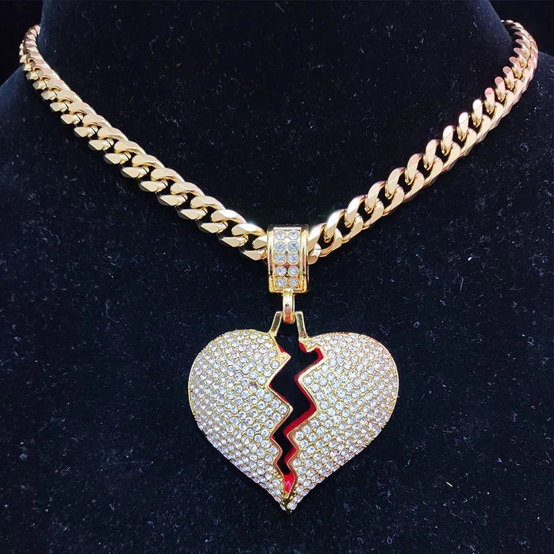 Men Hip Hop Heart Bling Pendant Necklace 316L Stainless Steel Chain