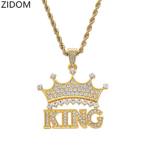 Men's Hip Hop King Crown Pendant Necklace Ice Out Bling AAA Zircon Male Jewelry
