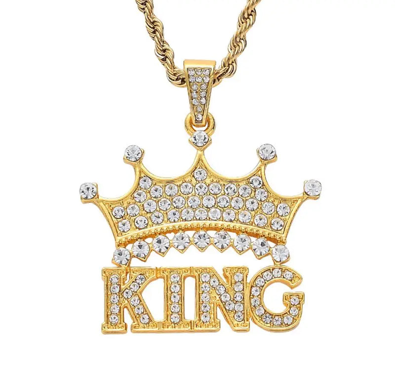 Men's Hip Hop King Crown Pendant Necklace Ice Out Bling AAA Zircon Male Jewelry