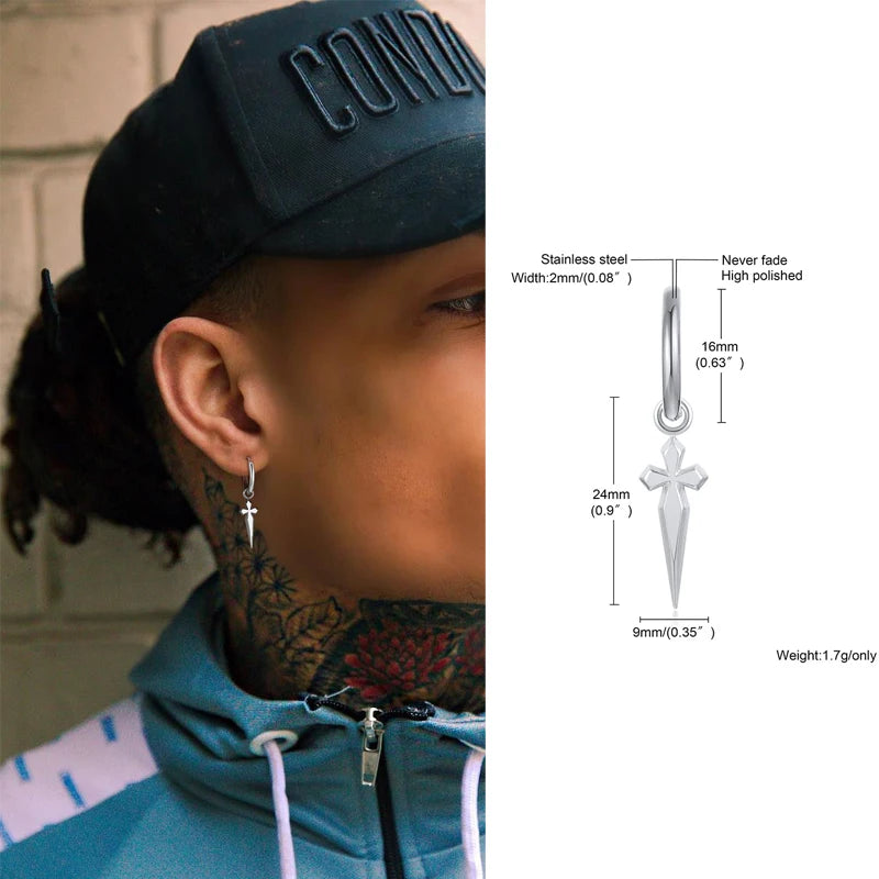 Sword Cross Dangles Earrings, Men's Biker Jewelry