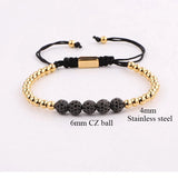 Men Women CZ Pave Ball Charm Macrame Bracelet Stainless Steel Beaded