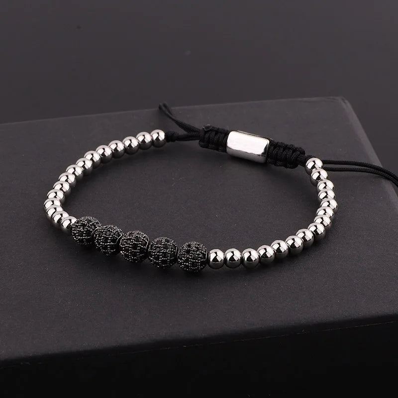 Men Women CZ Pave Ball Charm Macrame Bracelet Stainless Steel Beaded