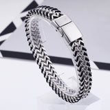 Men Leather Double Row Stainless Steel Chain Bracelet 11mm