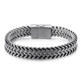 Men Leather Double Row Stainless Steel Chain Bracelet 11mm