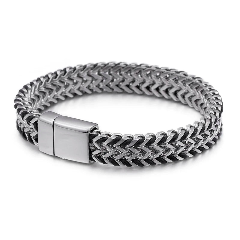 Men Leather Double Row Stainless Steel Chain Bracelet 11mm