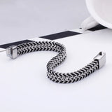 Men Leather Double Row Stainless Steel Chain Bracelet 11mm