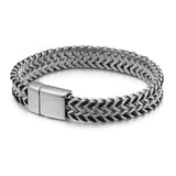 Men Leather Double Row Stainless Steel Chain Bracelet 11mm