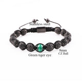 Men's CZ Pave Ball Green Tiger Eye Bracelet