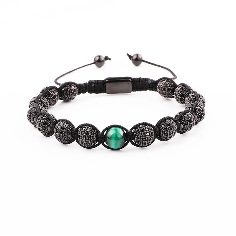 Men's CZ Pave Ball Green Tiger Eye Bracelet