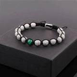 Men's CZ Pave Ball Green Tiger Eye Bracelet
