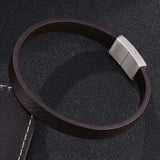 Men's Brown Leather Bracelet with Stainless Steel Magnetic Clasp