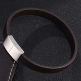 Men's Brown Leather Bracelet with Stainless Steel Magnetic Clasp