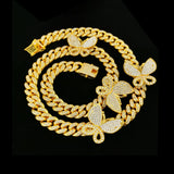 Hip Hop Butterfly Diamond Cuban Chain 12mm Crystal Iced Out Bling Necklace