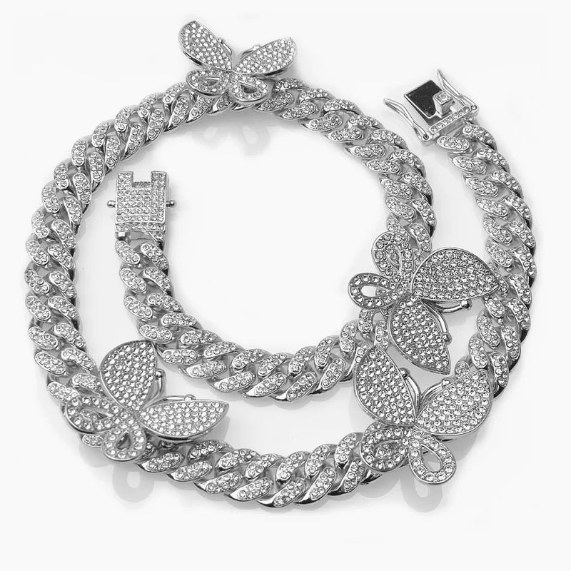 Hip Hop Butterfly Diamond Cuban Chain 12mm Crystal Iced Out Bling Necklace