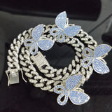 Hip Hop Butterfly Diamond Cuban Chain 12mm Crystal Iced Out Bling Necklace