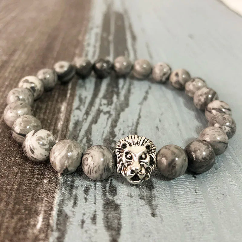 Men Lion Stone Beaded Bracelet 8mm Beads Stretch Man Jewelry