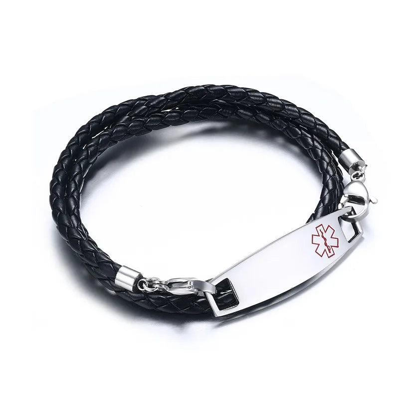 Men's Medical Alert ID Bracelet Stainless Steel Multilayer PU Leather Bangle