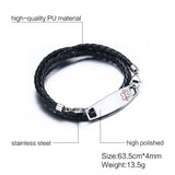 Men's Medical Alert ID Bracelet Stainless Steel Multilayer PU Leather Bangle