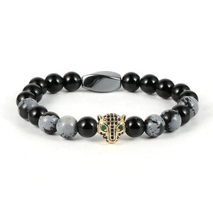 Men Tiger Eye Beads Bracelets with Micro-Zircon Leopard Head Charm