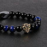 Men Tiger Eye Beads Bracelets with Micro-Zircon Leopard Head Charm