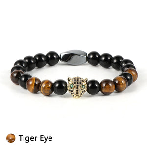 Men Tiger Eye Beads Bracelets with Micro-Zircon Leopard Head Charm
