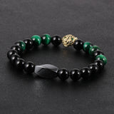 Men Tiger Eye Beads Bracelets with Micro-Zircon Leopard Head Charm