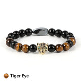 Men Tiger Eye Beads Bracelets with Micro-Zircon Leopard Head Charm