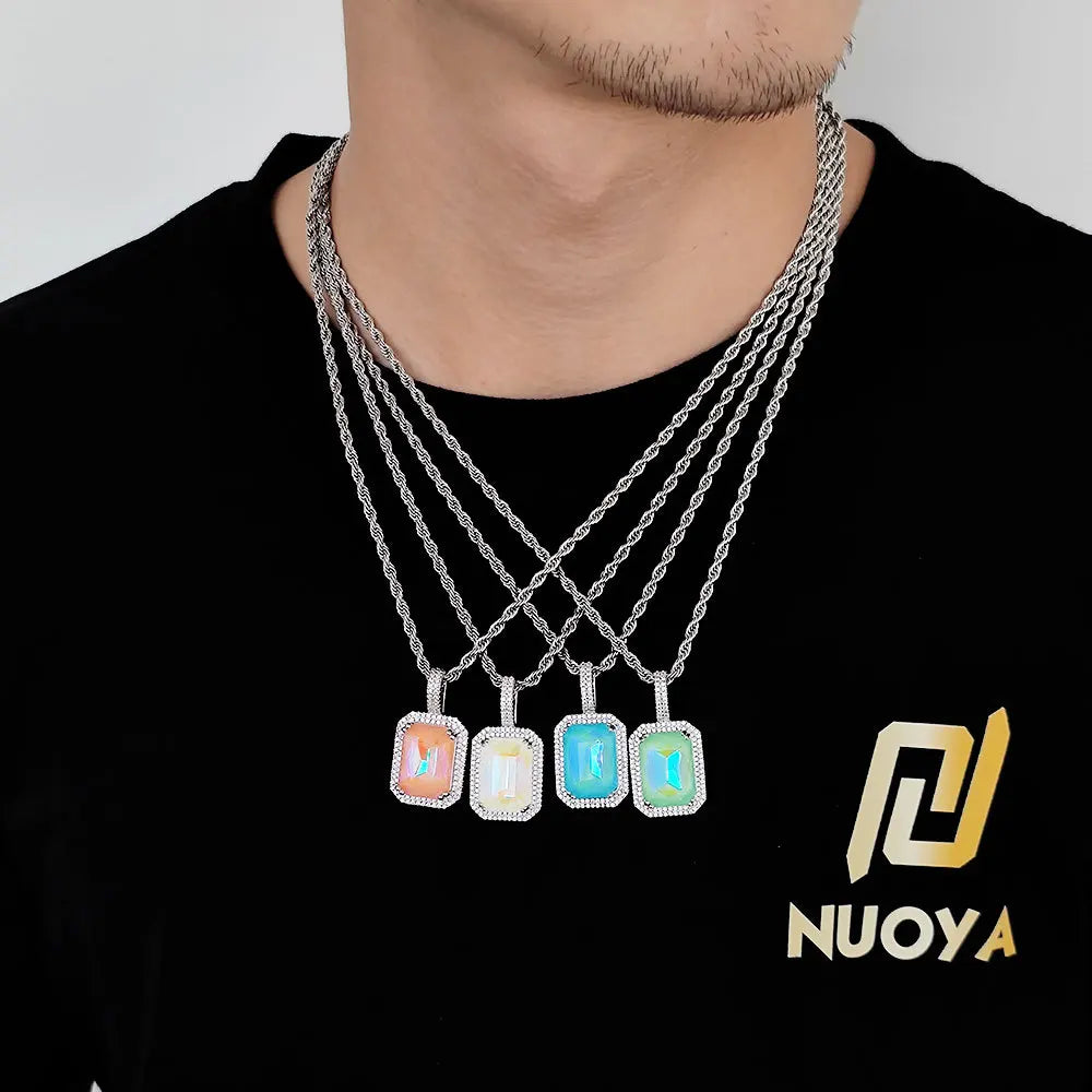Men Ornaments Square Zircon Gemstone Necklace Pendant